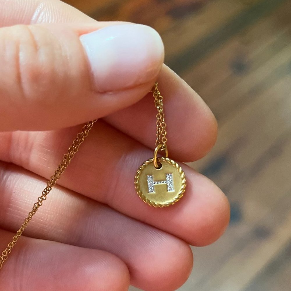 H Initial Charm Necklace in 18K Yellow Gold with Pavé Diamonds